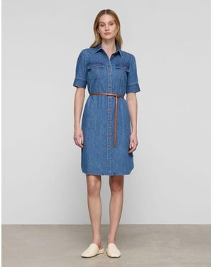 Lafayette 148 New York Chambray Cotton Short Sleeve Midi Shirtdress - Blue