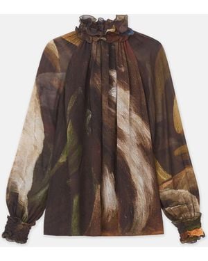 Lafayette 148 New York L148 X Save Venice Print Silk Georgette Hand-Smocked Blouse - Brown