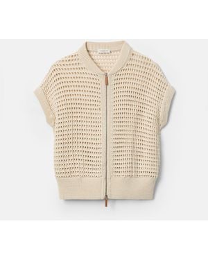Lafayette 148 New York Lafayette 148 Ny Petite Cotton Open Knit Zip Front Bomber Vest - White