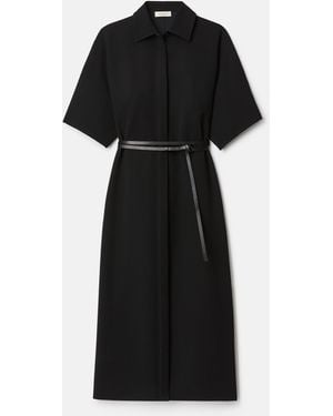 Lafayette 148 New York Crepe Short Sleeve Belted Midi Shirtdress - Black