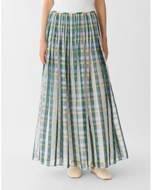 Lafayette 148 New York Cotton Silk Plaid Hand Pintucked Maxi Skirt - Blue