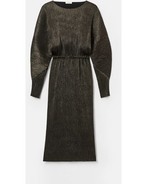 Lafayette 148 New York Metallic Plisse Long Sleeve Blouson Midi Dress - Multicolor