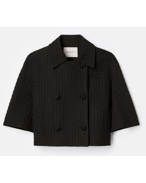 Lafayette 148 New York Textured Houndstooth Jacquard Double Breasted Short Sleeve Jacket - Black