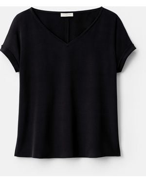 Lafayette 148 New York Organic Stretch Silk V Neck Short Sleeve Blouse - Black