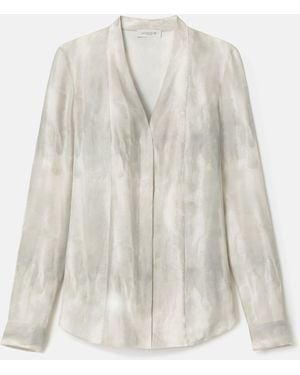 Lafayette 148 New York Printed Silk V Neck Long Sleeve Blouse - White