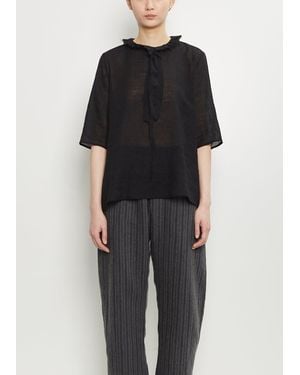 Apuntob Linen Wool Ruffle Collar Top - Black