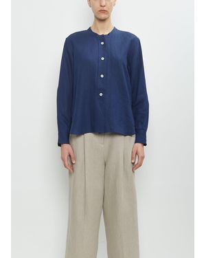 Margaret Howell Linen Button Through Collarless Shirt - Blue