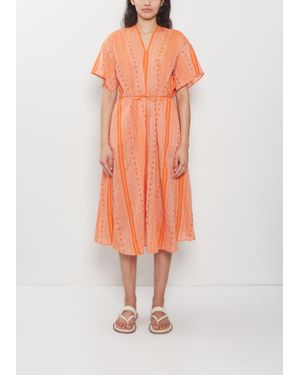 Antipast V-neck Embroidery Cotton Ramie Dress - Orange