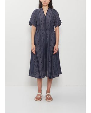 Antipast V-neck Embroidery Cotton Ramie Dress - Blue