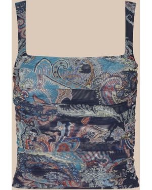 L'Agence Rasha Shirred Mesh Tank Top - Blue
