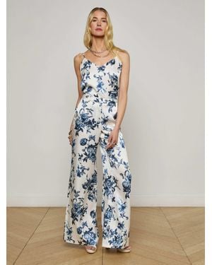 L'Agence Pantalon Ample En Soie Pilar, Blanc/Imprimé À Fleurs Bleu Style Peinture