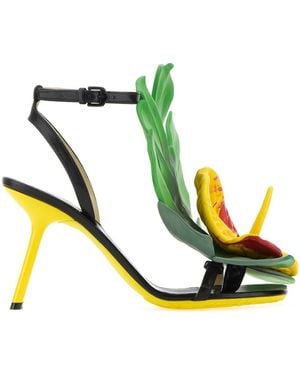 Loewe Petal Monstera Leather Heeled Sandals - Black