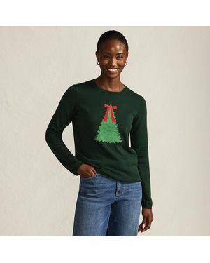 Lands' End Feinstrick-Weihnachtspullover Schleife, Damen, Größe Regular, Baumwolle/Polyester/Metall, By - Grün
