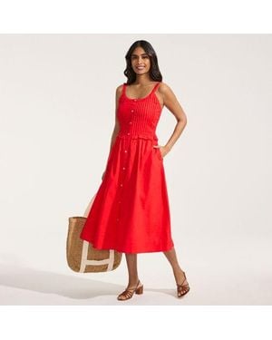 Lands' End Soft Ease Midikleid Mit Biesen Aus Leinenmix, Damen, Größe Regular, Baumwolle/Leinen, By - Rot