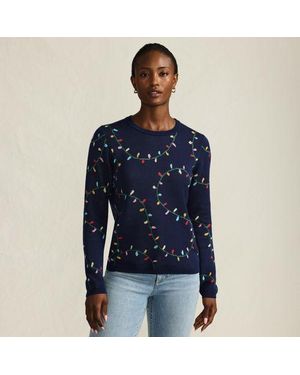 Lands' End Feinstrick-Weihnachtspullover Lichterkette, Damen, Größe Regular, Baumwolle, By - Blau