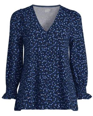 Lands' End Jerseybluse Mit Gerafften 3/4-Ärmeln, Damen, Größe:32-34 Petite, Elasthan/Baumwoll-Mischung/Baumwolle Modal, By - Blau