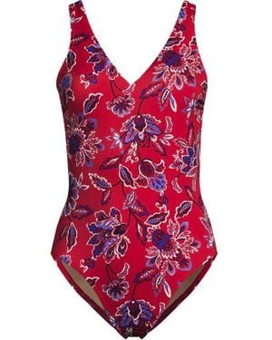 Lands' End Komfort-Badeanzug Mit V-Ausschnitt, Hohes Bein, Damen, Größe:34 Regular, Nylon-Mischung, By - Rot