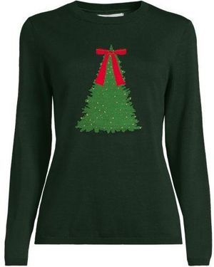 Lands' End Feinstrick-Weihnachtspullover Schleife, Damen, Größe Plus, Baumwolle/Polyester/Metall, By - Grün