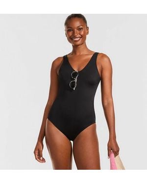 Lands' End Komfort-Badeanzug Mit V-Ausschnitt, Hohes Bein, Damen, Grã¶Ãÿe:34 Regular, Nylon-Mischung, By - Schwarz