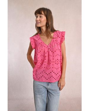 Molly Bracken Blusa bordada de manga corta y cuello en V - Rosa