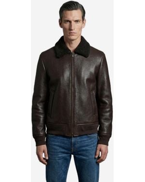 Salvatore Santoro Dark Leather Shearling Bomber Jacket - Black
