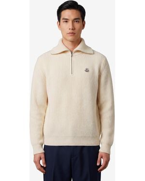 Moncler Ribbed Wool Turtleneck With Logo - Natural