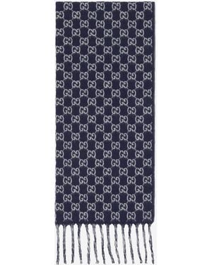 Gucci Fringed Wool Cashmere Scarf 14.9"W X 70.8"L - Blue