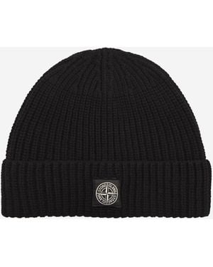 Stone Island Beanie With Compass Logo Patch - Black