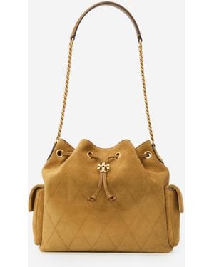 Tory Burch Charlie Quilted Suede Drawstring Bag - Natural
