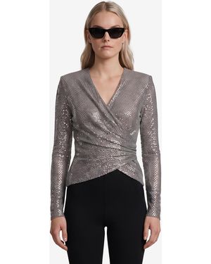 Self-Portrait Rhinestone Mesh Wrap Top - Grey