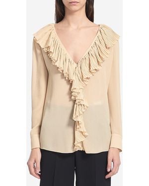 Saint Laurent Crepe Ruffle Blouse - Natural