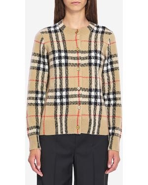 Burberry Check Wool And Cashmere Cardigan - Natural