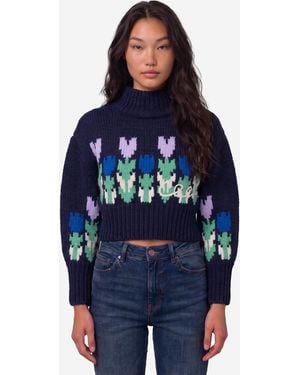 Chloé Cropped Wool Knit Sweater With Logo And Turtleneck - Blue