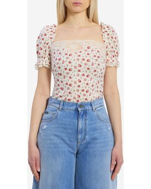 Dolce & Gabbana Charmeuse Top With Rose Print - Blue