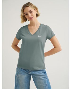 Lee Jeans Womens Solid V Neck Embroidered Logo T-shirt - Blue