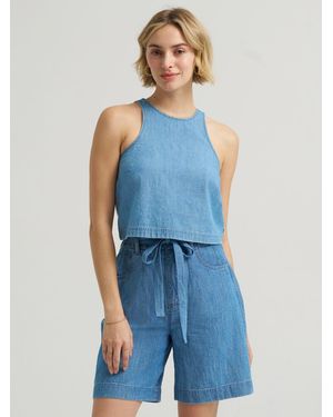 Lee Jeans Womens Boxy Button Back Linen Tank Top - Blue