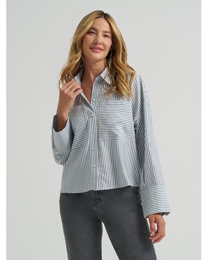 Lee Jeans Womens Striped Crop Button Down Shirt - Gray