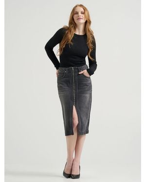 Lee Jeans Womens High Rise Zip Front Denim Midi Skirt - Black