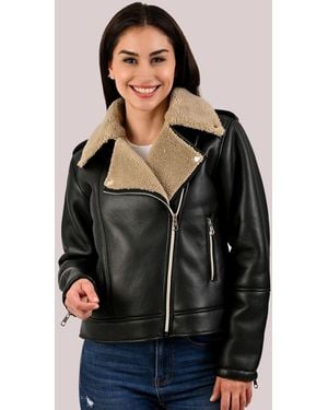 Lee Jeans Womens Sherpa Lined Vegan Leather Moto Jacket - Black