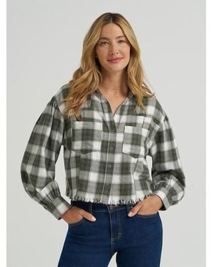 Lee Jeans Womens Plaid Flannel Crop Shirt With Raw Hem - Gray
