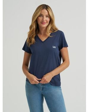 Lee Jeans Womens Solid V Neck Logo T-shirt - Blue