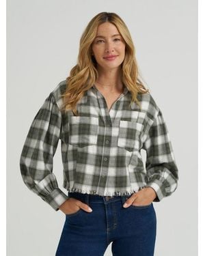 Lee Jeans Womens Plaid Flannel Crop Shirt With Raw Hem - Gray