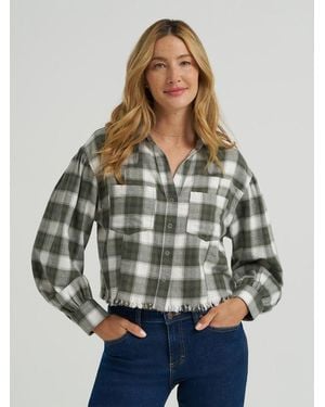 Lee Jeans Womens Plaid Flannel Crop Shirt With Raw Hem - Gray