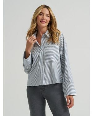 Lee Jeans Womens Striped Crop Button Down Shirt - Gray