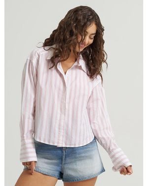 Lee Jeans Womens Wide Cuff Stripe Button Down Shirt - White