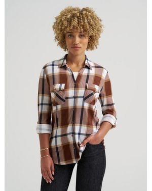 Lee Jeans Womens Double Pocket Plaid Button Down Shirt - Natural