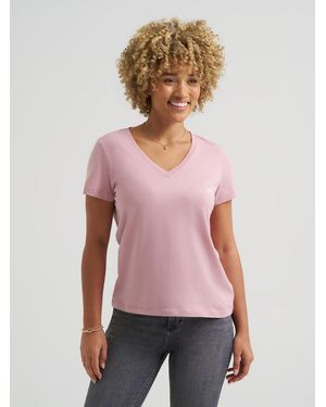 Lee Jeans Womens Solid V Neck Logo T-shirt - Pink