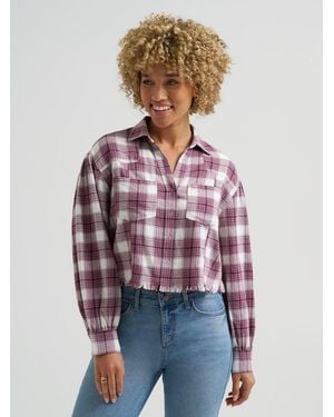 Lee Jeans Womens Plaid Flannel Crop Shirt With Raw Hem - White