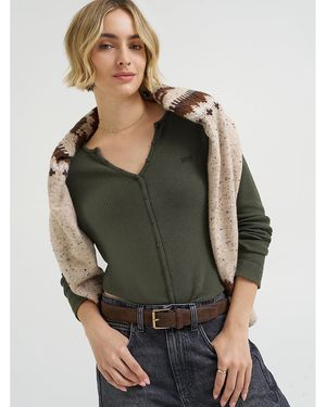 Lee Jeans Womens Waffle Knit Henley Button Down Top - Gray