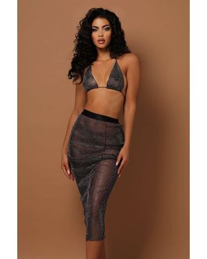 LemonLunar The Analia Diamante Mesh Skirt & Bralet Set - Brown
